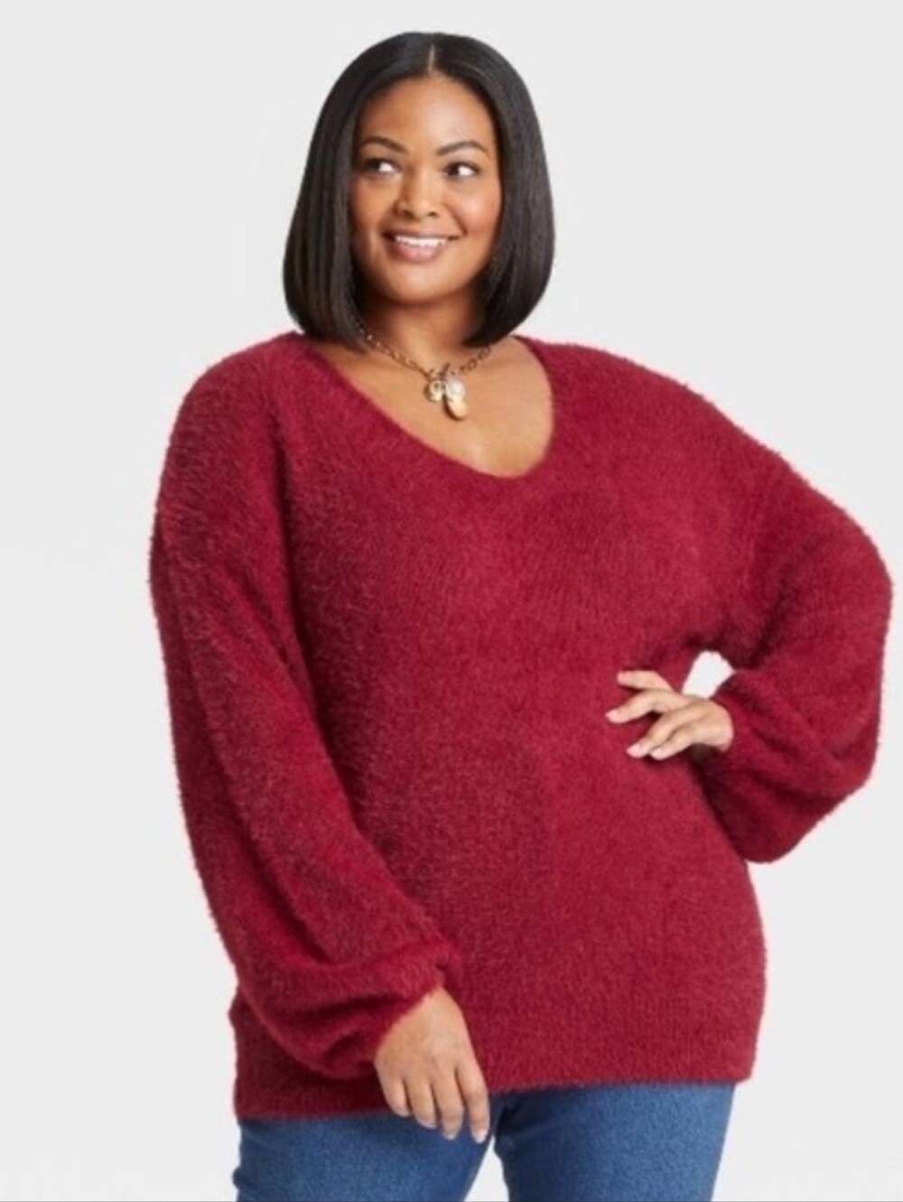 Ava & Viv Red Fuzzy V-Neck Sweater Size 2X